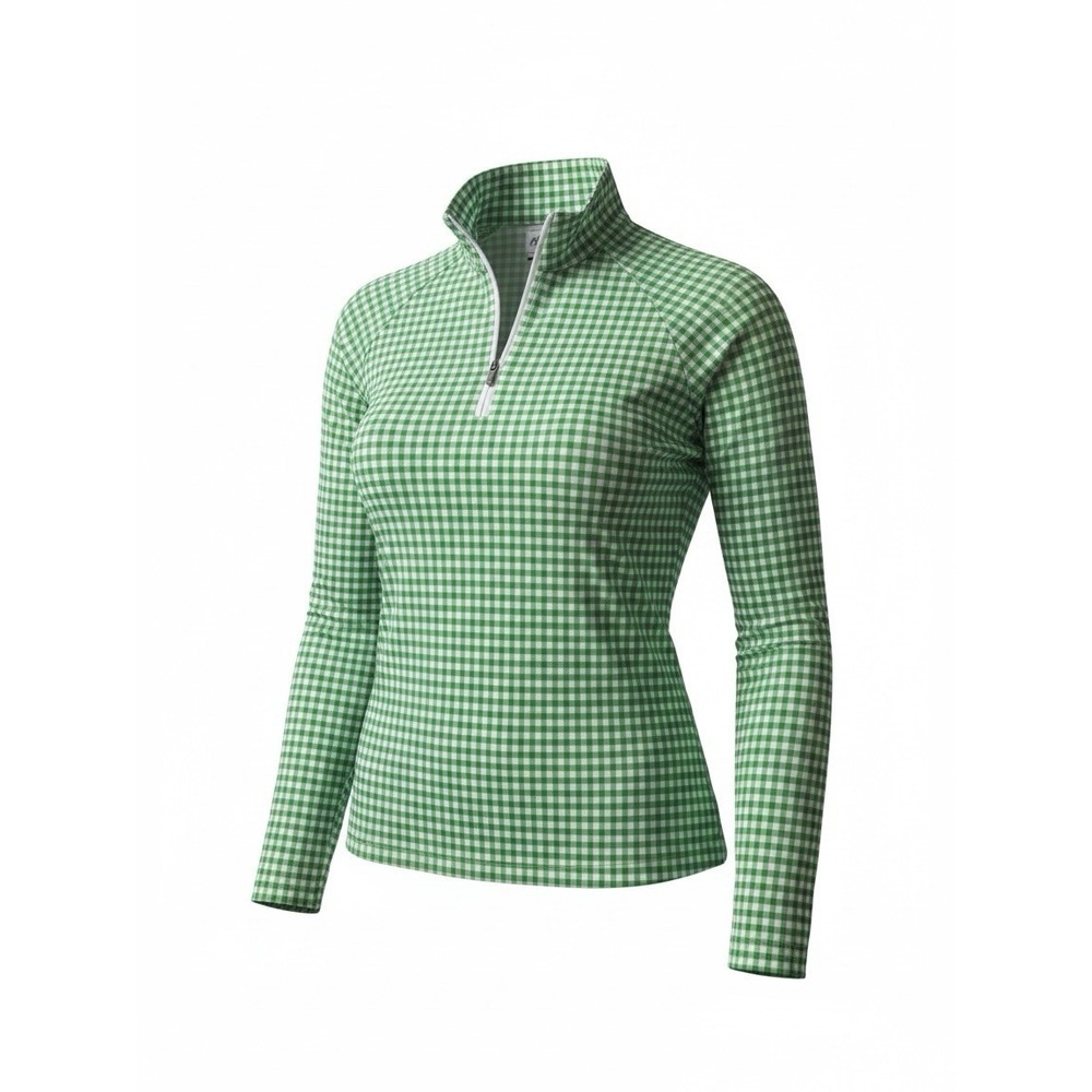Walter Hagen Womens P11 UV Protection Quarter Zip Green Gingham Pullover XS NEW